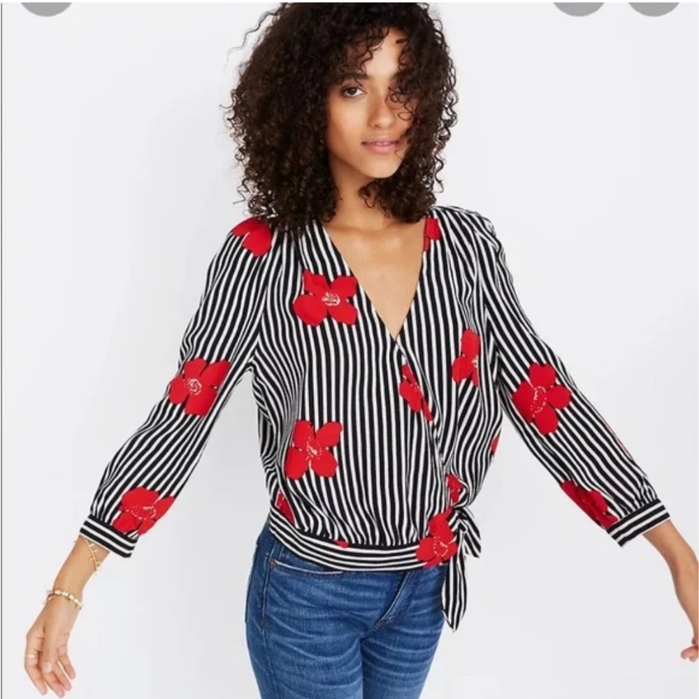 Madewell Black & White Striped Wrap Blouse with Red Floral Print